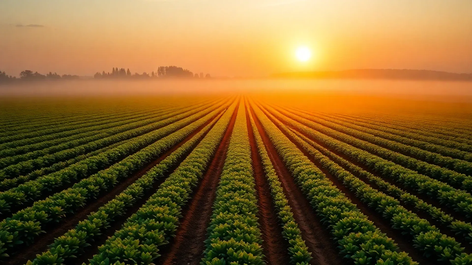 Organic farm rows at sunrise — Agriculture AI imagery by photosby.ai