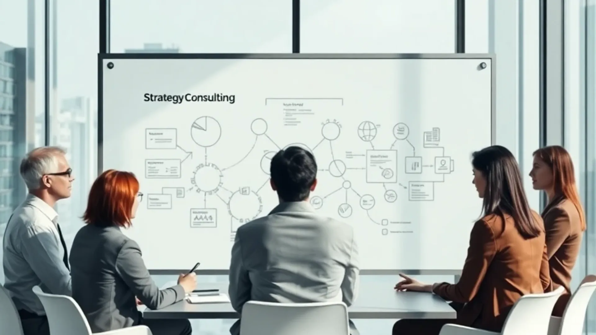 Strategy consulting team whiteboard session — Professional Services AI imagery by photosby.ai