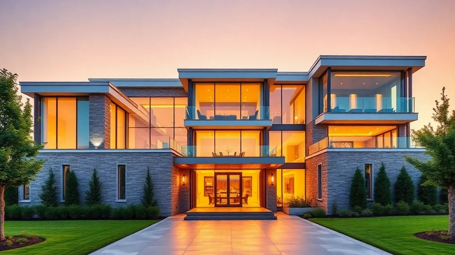 Contemporary luxury home exterior at golden hour — Hero image for real estate websites