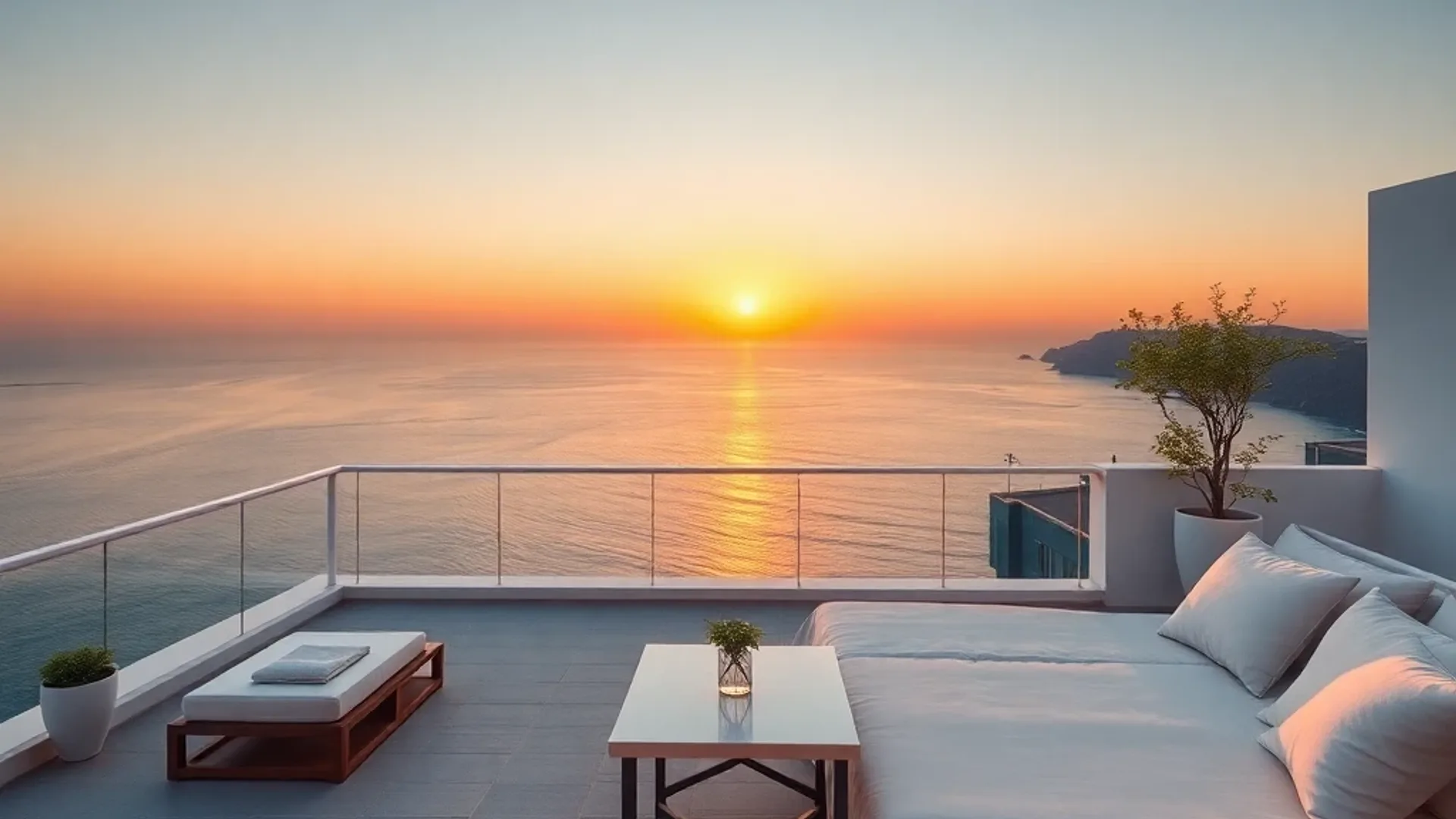 Boutique hotel terrace overlooking the coast — Hero image for travel websites
